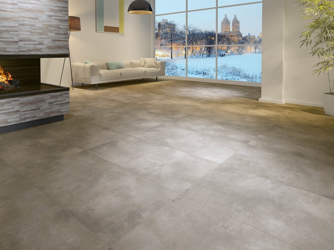 VISTA GRİ 60x120 beton görünüm granit — NG Kütahya (zeminde döşeli görünüm) | Öksüz Seramik Hatay