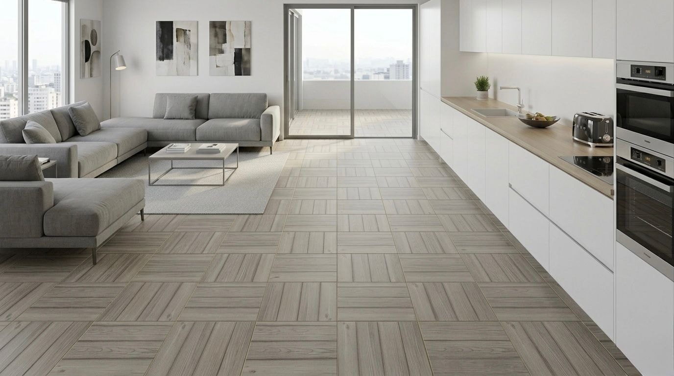 EDRA KREM 60x60 ahşap görünüm porselen — Yurtbay (zeminde döşeli görünüm) | Öksüz Seramik Hatay