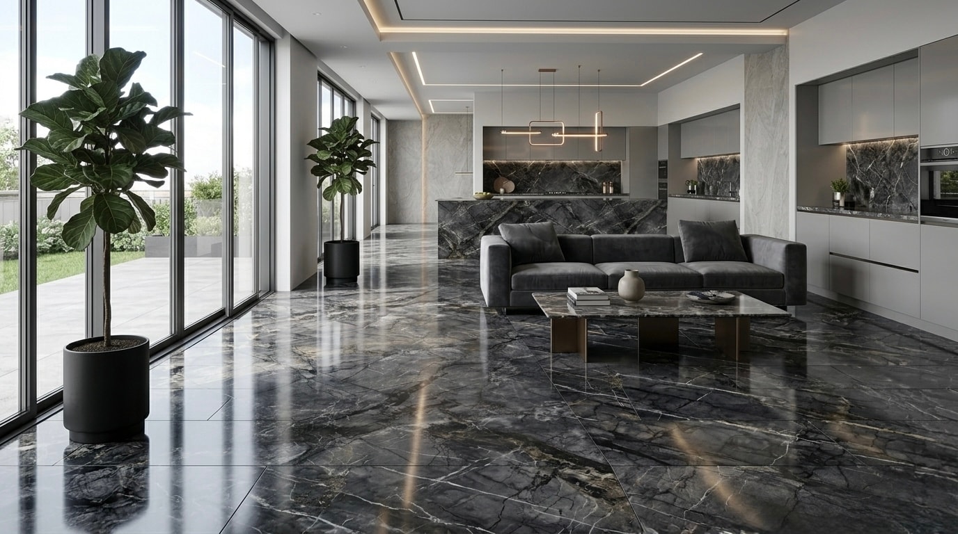 ELEGANT ANTRASİT 60x120 parlak granit — Anka (zeminde döşeli görünüm) | Öksüz Seramik Hatay