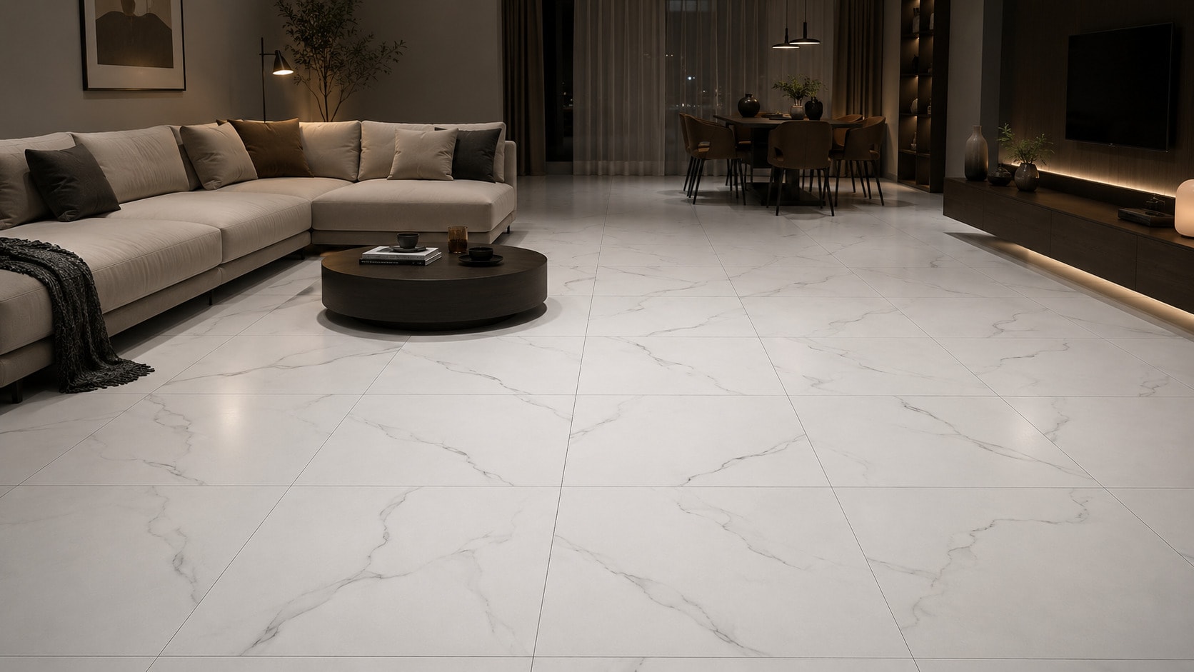 HERA 60x60 mermer görünüm porselen — Yurtbay (zeminde döşeli görünüm) | Öksüz Seramik Hatay