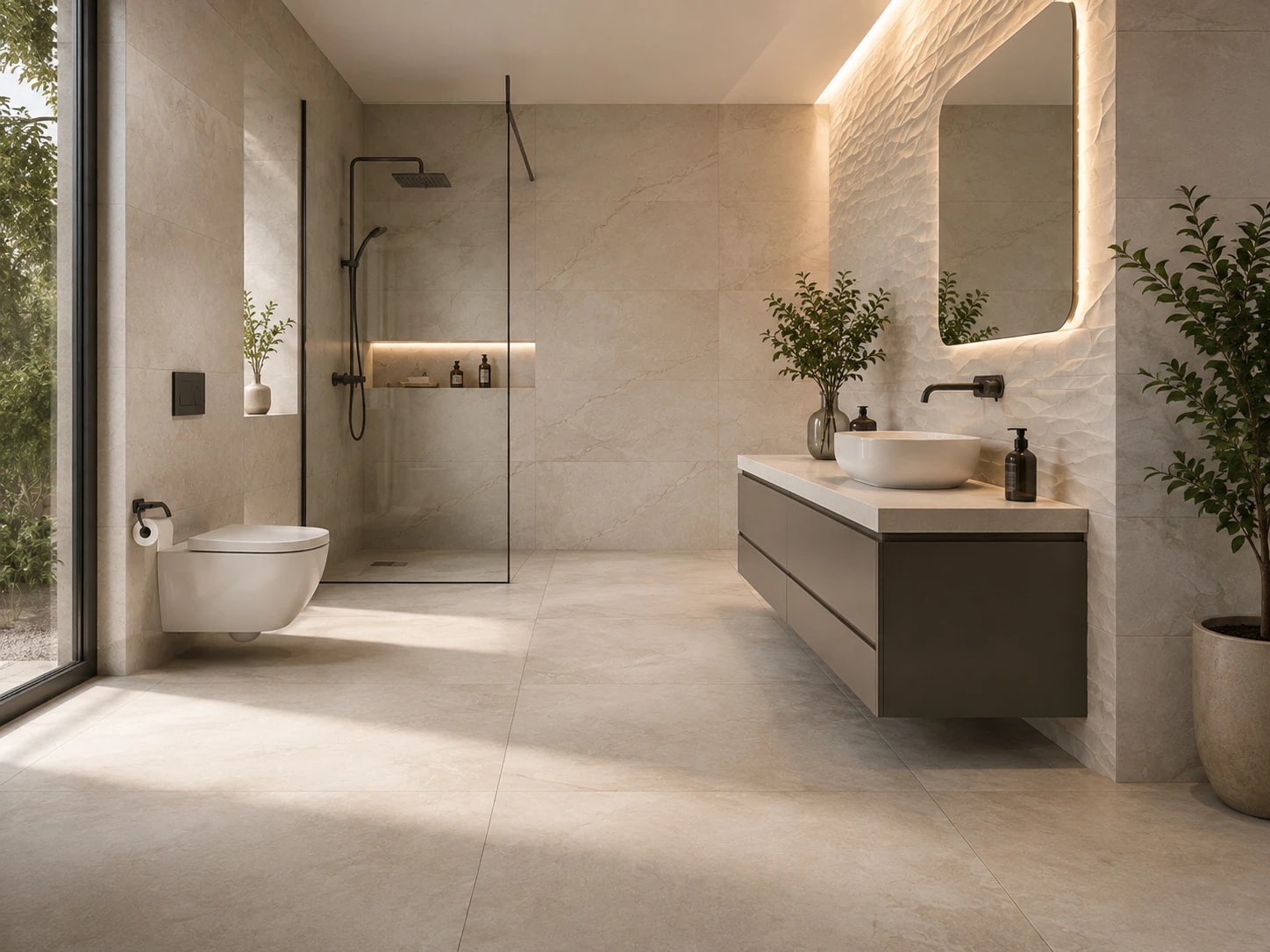 Krem mermer görünümlü mat seramikle kaplanmış geniş banyo: camlı duş bölümü, asma klozet ve tezgah üstü lavabolu banyo dolabı.