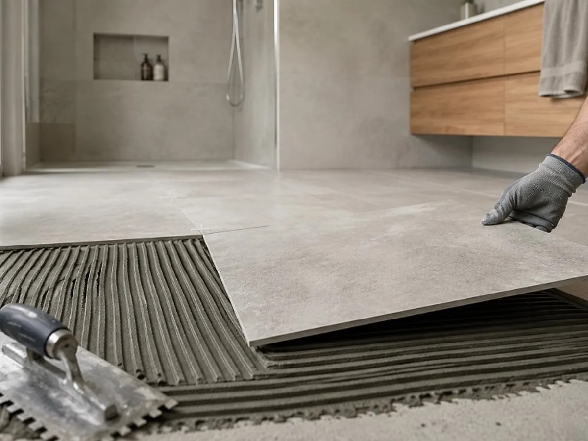 Banyo zemininde taraklanmış yapıştırıcı üzerine büyük ebat karo döşenirken
